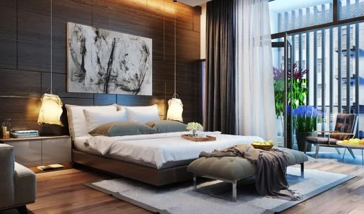Modern bedroom with large windows and stylish decor.