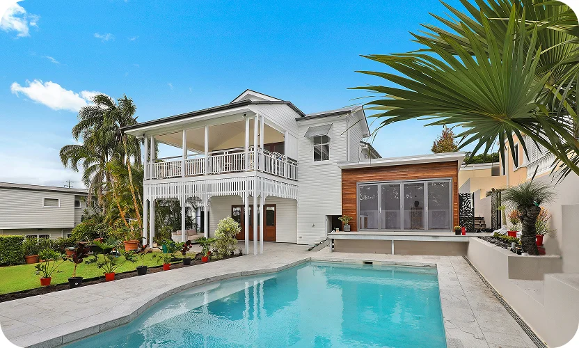 Modern house with poolside view and lush garden