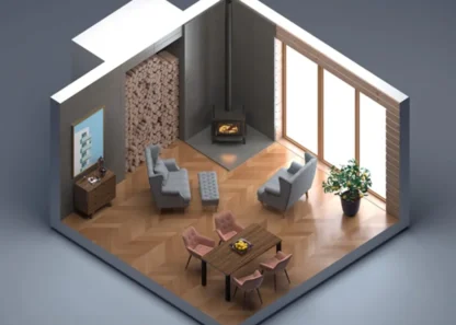 Modern living room with fireplace and stylish furniture